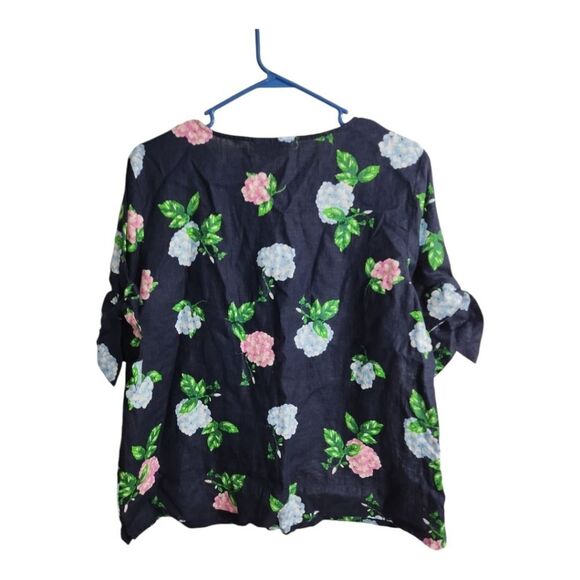 Charter Club Luxury Linen V Neck Tie Sleeve Floral Casual Office Preppy Blouse L - Picture 2 of 7